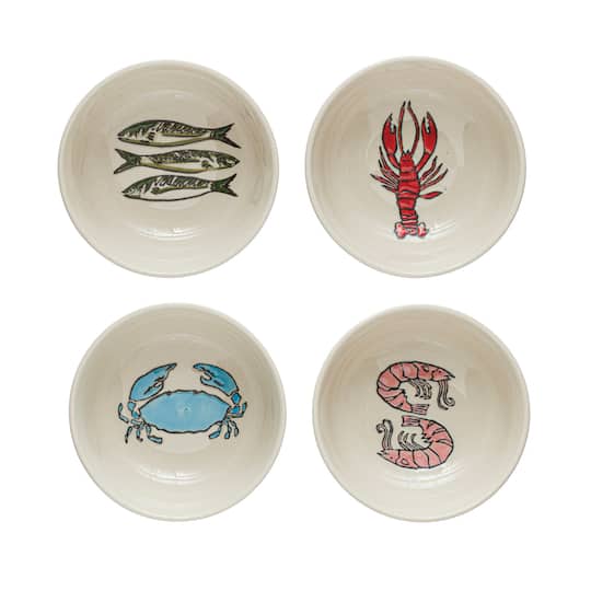 4.5&#x22; Wax Relief Sea Life Stoneware Bowls Set 